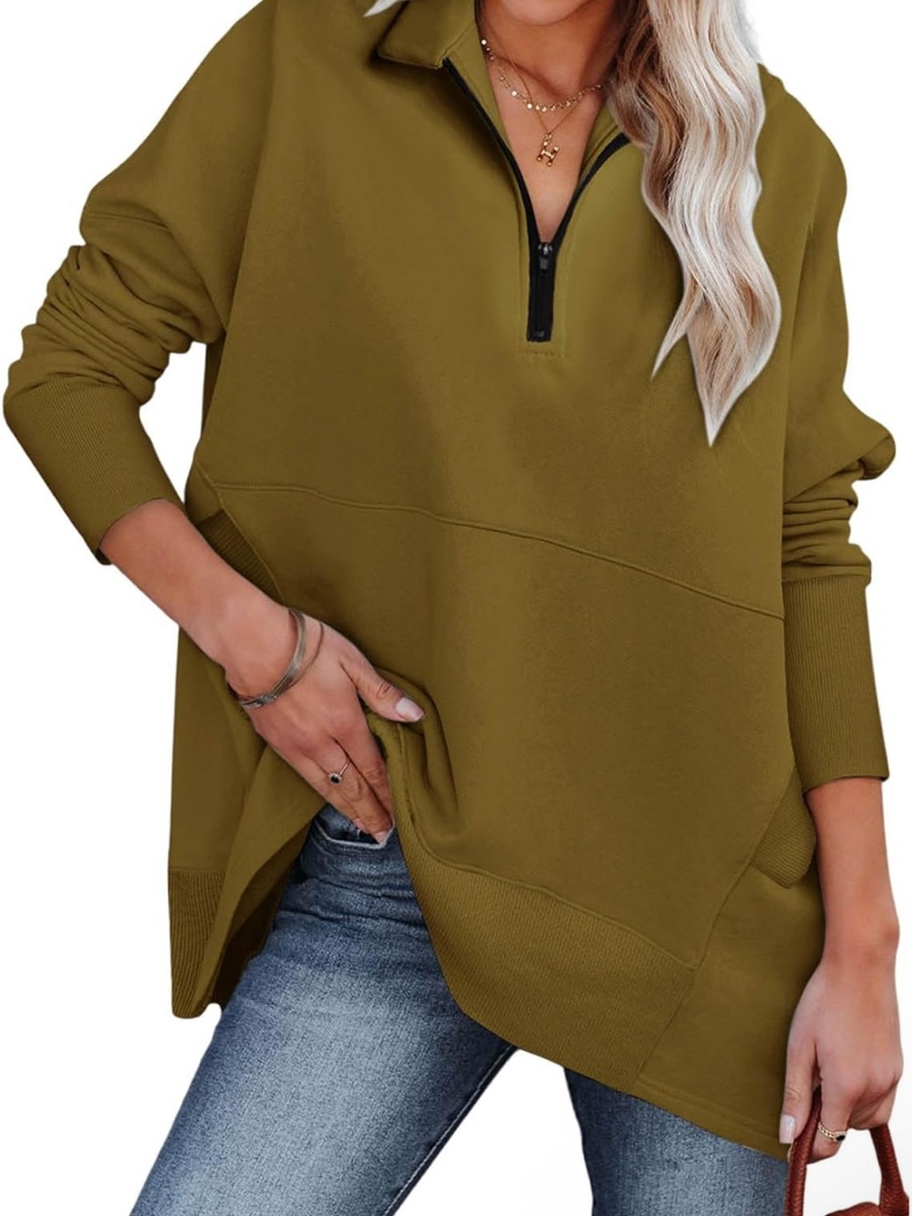 Dokotoo Olive Green Half-Zip Pullover Top - Women